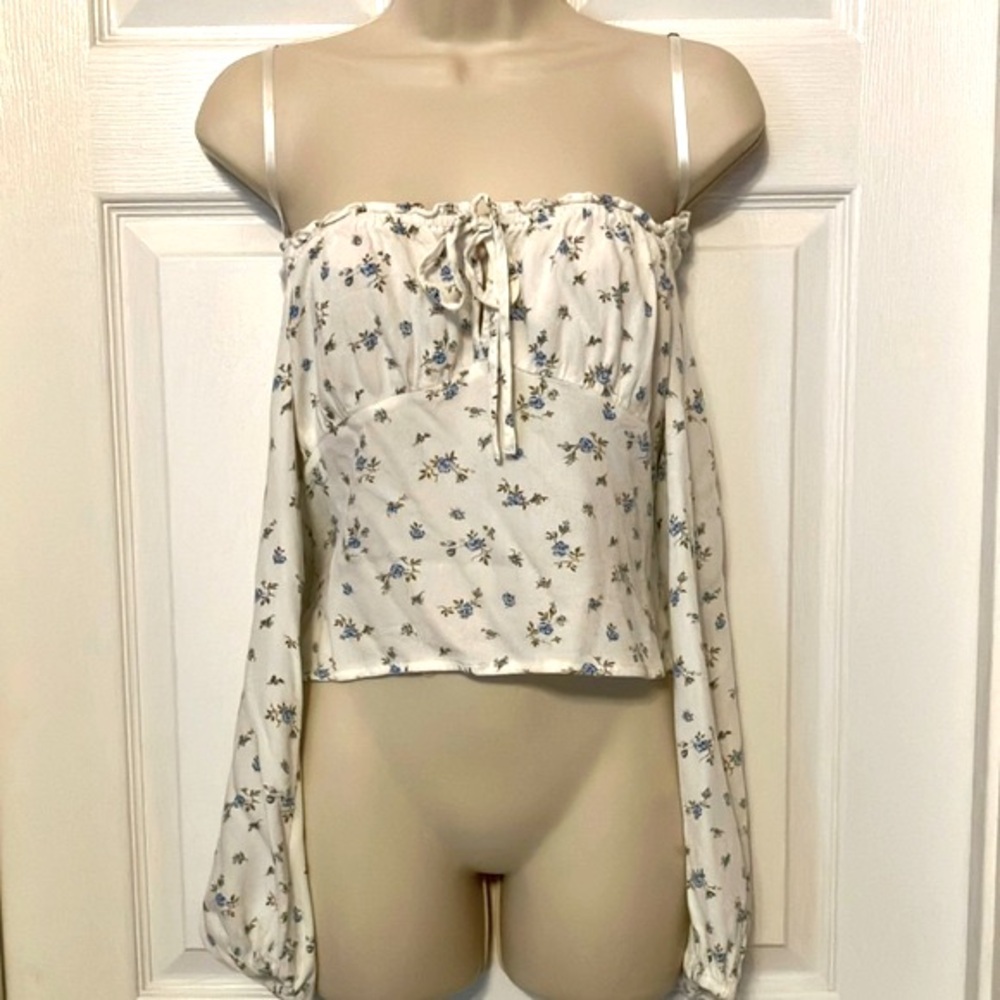 wild fable Cream Floral Off-Shoulder Tie-Front Crop Top